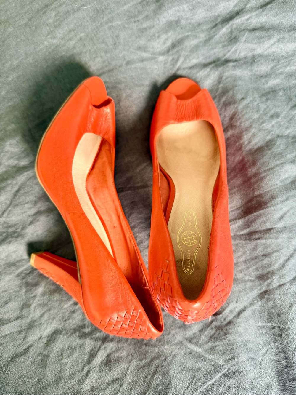 Elliott Lucca Orange Peep-Toe Woven Leather Heels